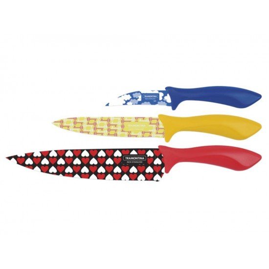 JOGO DE FACAS 3 PEÇAS COLORCUT MISTO SORTIDOS COM LAMINAS ACO INOX E CABOS POLIPROPILENO TRAMONTINA