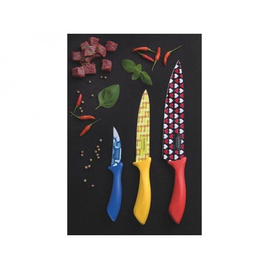 JOGO DE FACAS 3 PEÇAS COLORCUT MISTO SORTIDOS COM LAMINAS ACO INOX E CABOS POLIPROPILENO TRAMONTINA