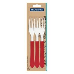 CONJUNTO DE GARFOS DE MESA TRAMONTINA LEME COM LÂMINAS EM AÇO INOX E CABOS DE POLIPROPILENO VERMELHO 3 PEÇAS
