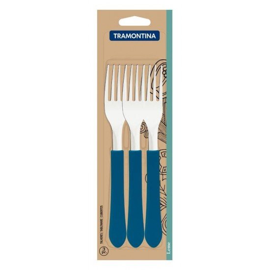 CONJUNTO DE GARFOS DE MESA TRAMONTINA LEME COM LÂMINAS EM AÇO INOX E CABOS DE POLIPROPILENO AZUL OCEANO 3 PEÇAS