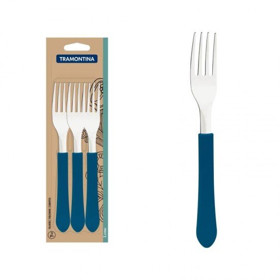 CONJUNTO DE GARFOS DE MESA TRAMONTINA LEME COM LÂMINAS EM AÇO INOX E CABOS DE POLIPROPILENO AZUL OCEANO 3 PEÇAS