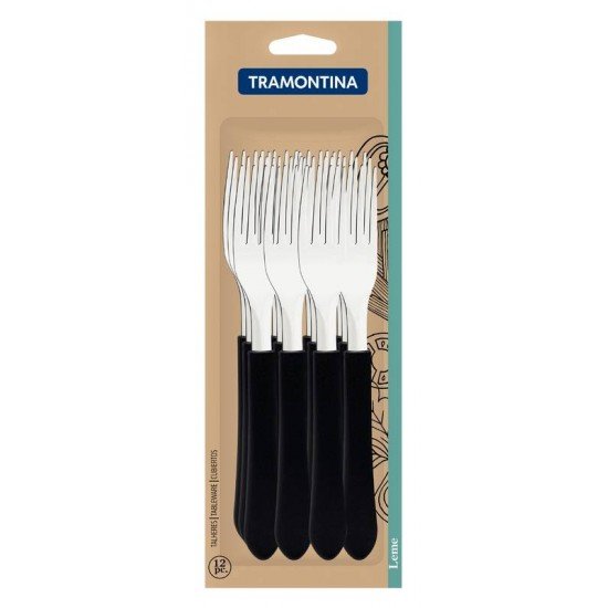 CONJUNTO DE GARFOS DE MESA TRAMONTINA LEME COM LÂMINAS EM AÇO INOX E CABOS DE POLIPROPILENO PRETO 12 PEÇAS