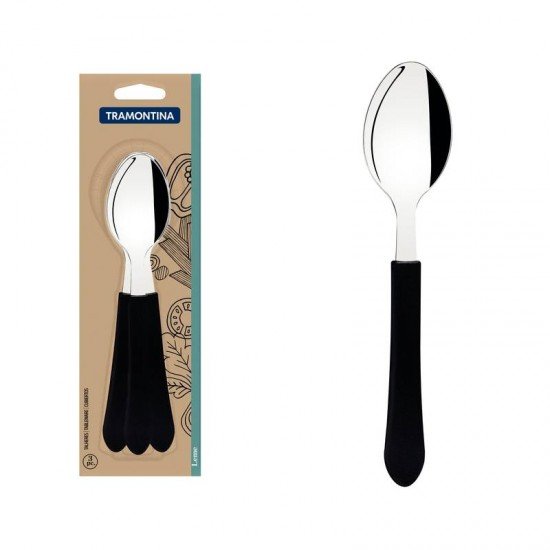 CONJUNTO DE COLHERES DE MESA TRAMONTINA LEME COM LÂMINAS EM AÇO INOX E CABOS DE POLIPROPILENO PRETO 3 PEÇAS
