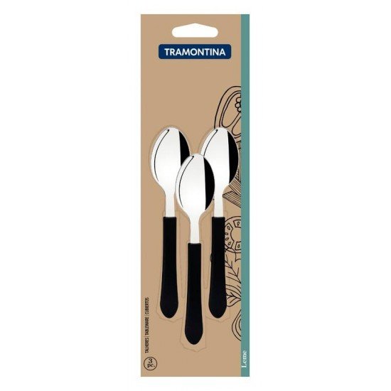 CONJUNTO DE COLHERES PARA CHÁ TRAMONTINA LEME COM LÂMINAS EM AÇO INOX E CABOS DE POLIPROPILENO PRETO 3 PEÇAS
