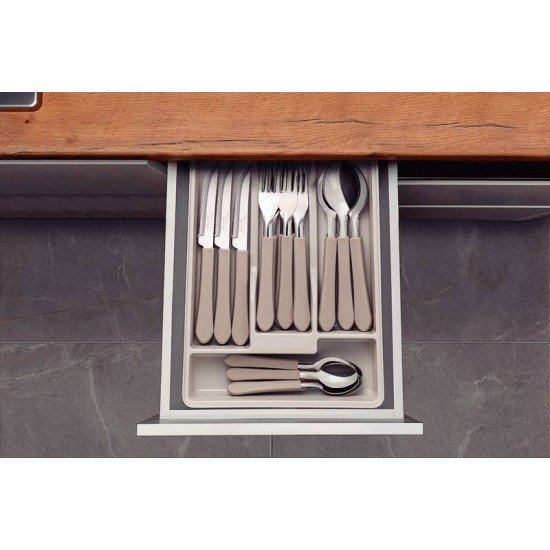 FAQUEIRO TRAMONTINA LEME COM LÂMINAS EM AÇO INOX E CABOS DE POLIPROPILENO CINZA COM GAVETEIRO 25 PEÇAS