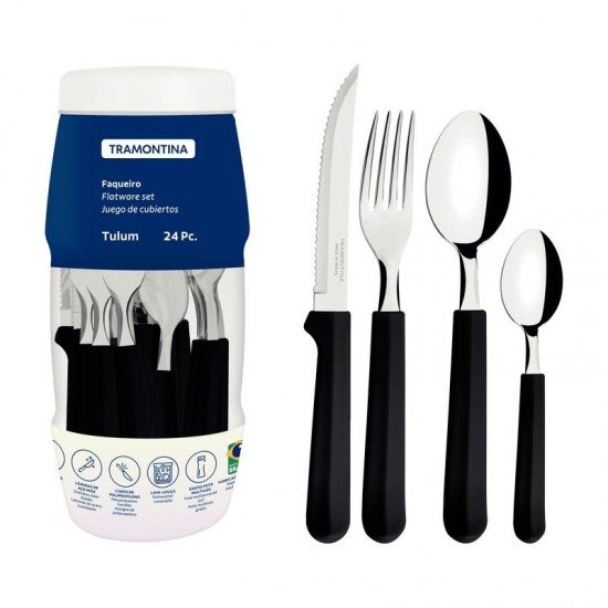 FAQUEIRO TRAMONTINA TULUM COM LÂMINAS EM AÇO INOX E CABOS DE POLIPROPILENO PRETO 24 PEÇAS