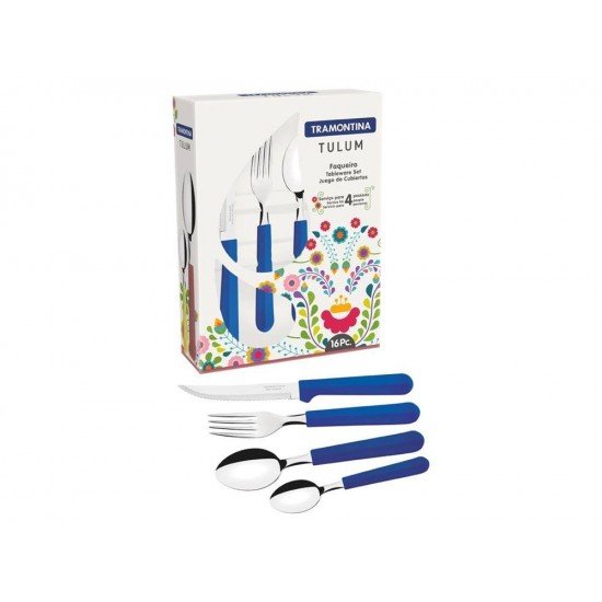 FAQUEIRO TRAMONTINA TULUM COM LÂMINAS EM AÇO INOX E CABOS DE POLIPROPILENO AZUL 16 PEÇAS TRAMONTINA