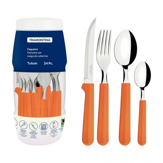 FAQUEIRO TRAMONTINA TULUM COM LÂMINAS EM AÇO INOX E CABOS DE POLIPROPILENO DAMASCO 24 PEÇAS