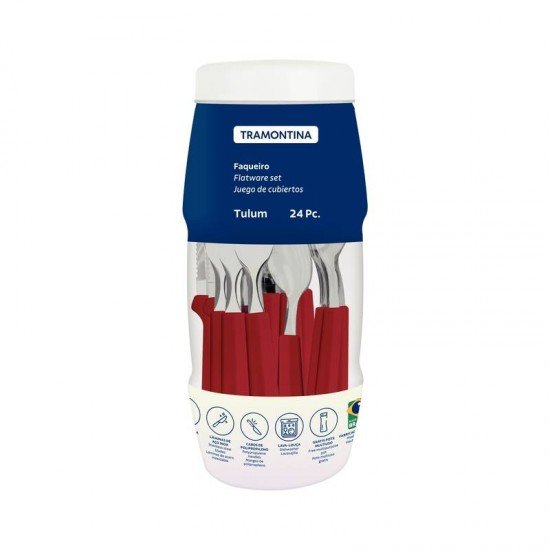 FAQUEIRO TRAMONTINA TULUM COM LÂMINAS EM AÇO INOX E CABOS DE POLIPROPILENO VERMELHO 24 PEÇAS