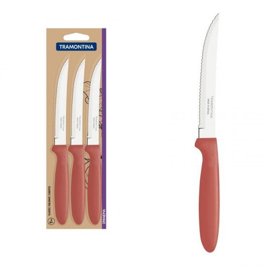 CONJUNTO DE FACAS PARA CHURRASCO TRAMONTINA IPANEMA COM LÂMINAS EM AÇO INOX E CABOS DE POLIPROPILENO GOIABA 3 PEÇAS