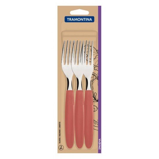 CONJUNTO DE GARFOS DE MESA TRAMONTINA IPANEMA COM LÂMINAS DE AÇO INOX E CABOS DE POLIPROPILENO GOIABA 3 PEÇAS