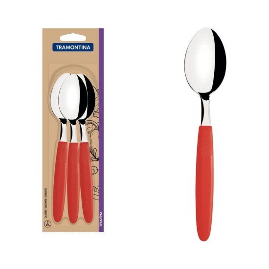 CONJUNTO DE COLHERES DE MESA TRAMONTINA IPANEMA COM LÂMINAS EM AÇO INOX E CABOS DE POLIPROPILENO VERMELHO 3 PEÇAS