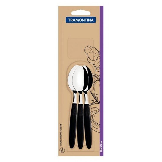CONJUNTO DE COLHERES PARA CHÁ TRAMONTINA IPANEMA COM LÂMINAS EM AÇO INOX E CABOS DE POLIPROPILENO PRETO 3 PEÇAS