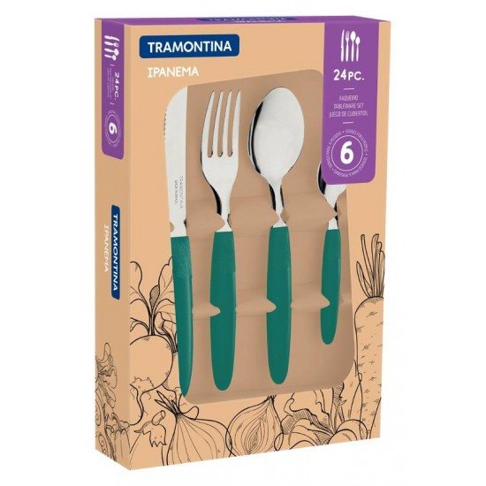 FAQUEIRO TRAMONTINA IPANEMA COM LÂMINAS EM AÇO INOX E CABOS DE POLIPROPILENO VERDE ESMERALDA 24 PEÇAS