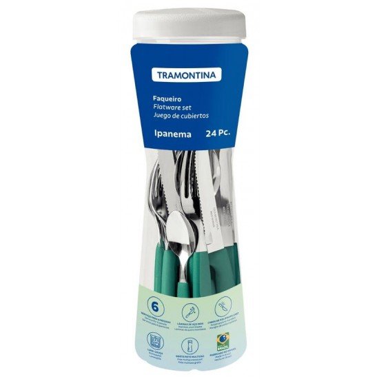 FAQUEIRO TRAMONTINA IPANEMA COM LÂMINAS EM AÇO INOX E CABOS DE POLIPROPILENO VERDE ESMERALDA COM POTE PLÁSTICO 24 PEÇAS