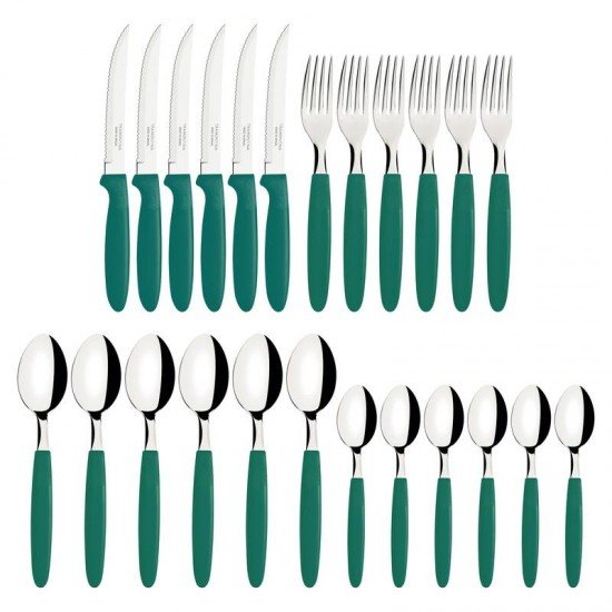 FAQUEIRO TRAMONTINA IPANEMA COM LÂMINAS EM AÇO INOX E CABOS DE POLIPROPILENO VERDE ESMERALDA COM POTE PLÁSTICO 24 PEÇAS