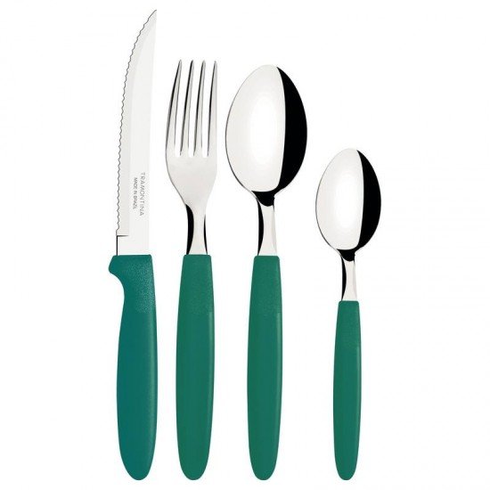 FAQUEIRO TRAMONTINA IPANEMA COM LÂMINAS EM AÇO INOX E CABOS DE POLIPROPILENO VERDE ESMERALDA COM POTE PLÁSTICO 24 PEÇAS