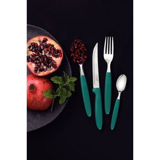 FAQUEIRO TRAMONTINA IPANEMA COM LÂMINAS EM AÇO INOX E CABOS DE POLIPROPILENO VERDE ESMERALDA COM POTE PLÁSTICO 24 PEÇAS