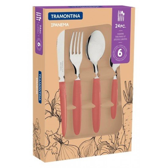 FAQUEIRO TRAMONTINA IPANEMA COM LÂMINAS EM AÇO INOX E CABOS DE POLIPROPILENO GOIABA 24 PEÇAS