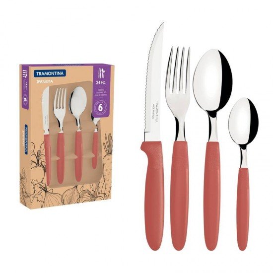 FAQUEIRO TRAMONTINA IPANEMA COM LÂMINAS EM AÇO INOX E CABOS DE POLIPROPILENO GOIABA 24 PEÇAS
