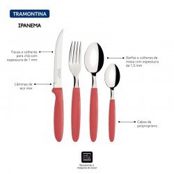 FAQUEIRO TRAMONTINA IPANEMA COM LÂMINAS EM AÇO INOX E CABOS DE POLIPROPILENO GOIABA COM POTE PLÁSTICO 24 PEÇAS