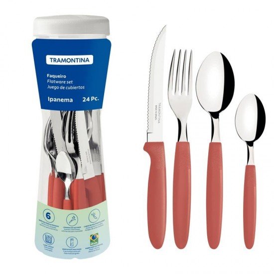 FAQUEIRO TRAMONTINA IPANEMA COM LÂMINAS EM AÇO INOX E CABOS DE POLIPROPILENO GOIABA COM POTE PLÁSTICO 24 PEÇAS
