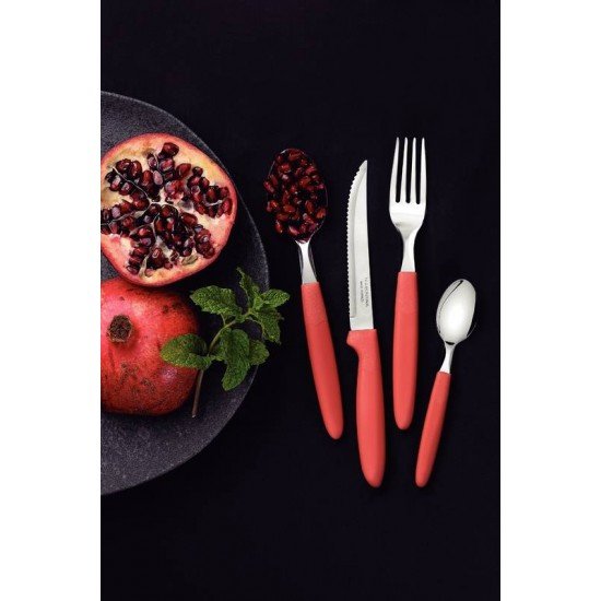 FAQUEIRO TRAMONTINA IPANEMA COM LÂMINAS EM AÇO INOX E CABOS DE POLIPROPILENO GOIABA COM POTE PLÁSTICO 24 PEÇAS