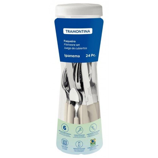 FAQUEIRO TRAMONTINA IPANEMA COM LÂMINAS EM AÇO INOX E CABOS DE POLIPROPILENO CINZA COM POTE PLÁSTICO 24 PEÇAS