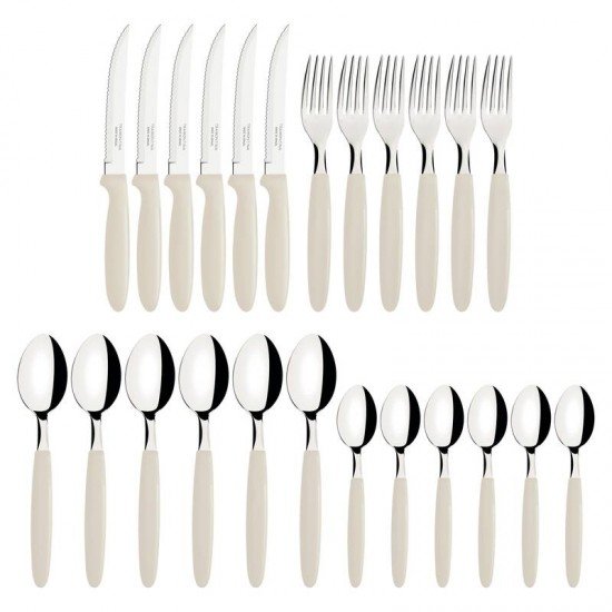 FAQUEIRO TRAMONTINA IPANEMA COM LÂMINAS EM AÇO INOX E CABOS DE POLIPROPILENO CINZA COM POTE PLÁSTICO 24 PEÇAS