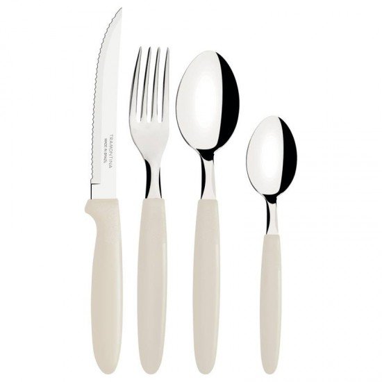 FAQUEIRO TRAMONTINA IPANEMA COM LÂMINAS EM AÇO INOX E CABOS DE POLIPROPILENO CINZA COM POTE PLÁSTICO 24 PEÇAS