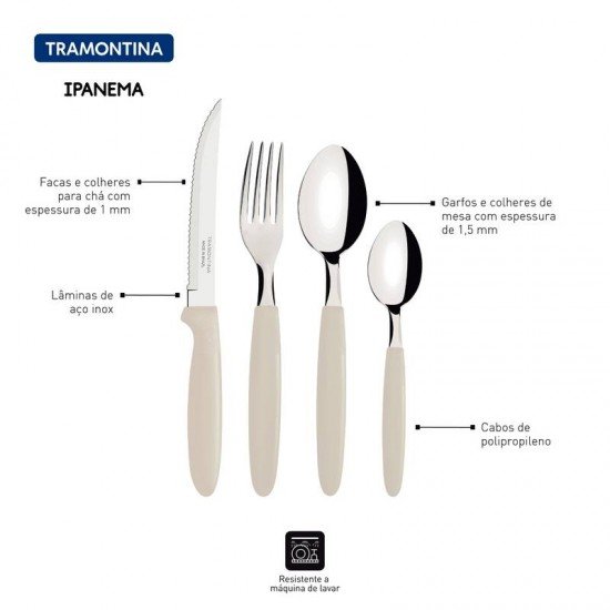 FAQUEIRO TRAMONTINA IPANEMA COM LÂMINAS EM AÇO INOX E CABOS DE POLIPROPILENO CINZA COM POTE PLÁSTICO 24 PEÇAS