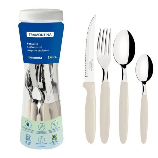 FAQUEIRO TRAMONTINA IPANEMA COM LÂMINAS EM AÇO INOX E CABOS DE POLIPROPILENO CINZA COM POTE PLÁSTICO 24 PEÇAS