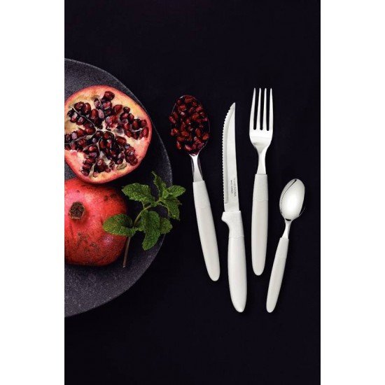 FAQUEIRO TRAMONTINA IPANEMA COM LÂMINAS EM AÇO INOX E CABOS DE POLIPROPILENO CINZA COM POTE PLÁSTICO 24 PEÇAS