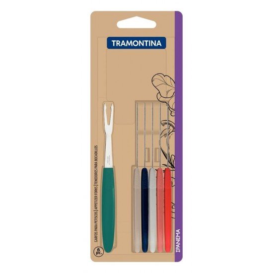 CONJUNTO DE GARFOS PETISCOS IPANEMA LAMINAS AÇO INOX CABOS DE POLIPROPILENO COLORIDO 6 PC TRAMONTINA