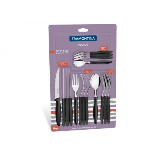 FAQUEIRO 16 PEÇAS PLENUS PRETO SORTIDOS COM LAMINAS DE ACO INOX E CABOS DE POLIPROPILENO TRAMONTINA