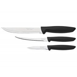 JOGO DE FACAS 3 PEÇAS PLENUS PRETO SORTIDOS COM LAMINAS ACO INOX E CABOS POLIPROPILENO TRAMONTINA