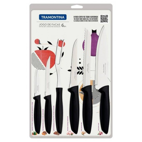 JOGO DE FACAS EM AÇO INOX E CABOS PRETO 6 PEÇAS TRAMONTINA