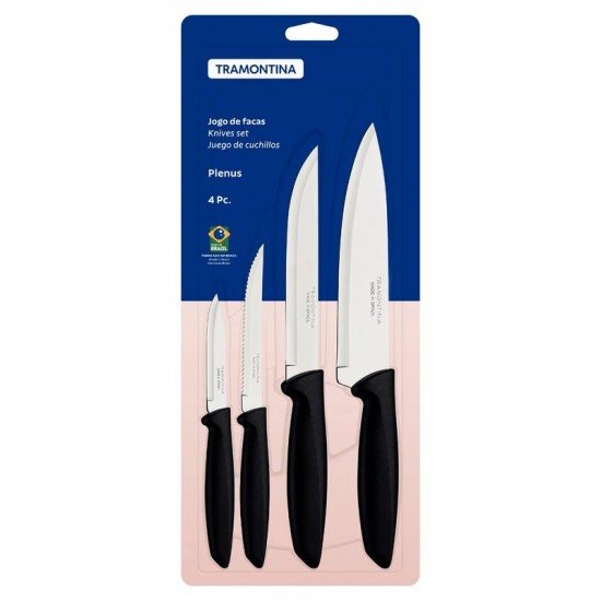 JOGO DE FACAS TRAMONTINA PLENUS COM LÂMINAS EM AÇO INOX E CABOS DE POLIPROPILENO PRETO 04 PEÇAS
