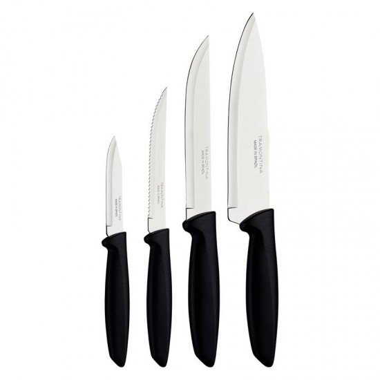 JOGO DE FACAS TRAMONTINA PLENUS COM LÂMINAS EM AÇO INOX E CABOS DE POLIPROPILENO PRETO 04 PEÇAS