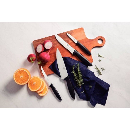 JOGO DE FACAS TRAMONTINA PLENUS COM LÂMINAS EM AÇO INOX E CABOS DE POLIPROPILENO PRETO 04 PEÇAS