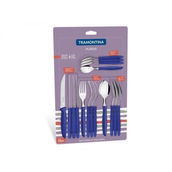 FAQUEIRO 16 PEÇAS PLENUS AZUL SORTIDOS COM LAMINAS DE ACO INOX E CABOS DE POLIPROPILENO TRAMONTINA