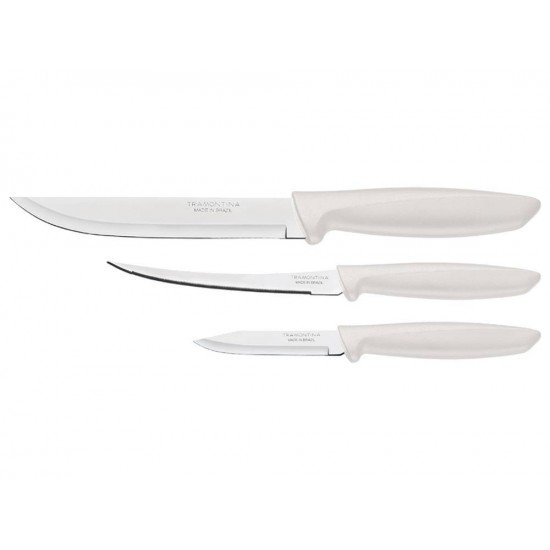 JOGO DE FACAS 3 PCS PLENUS OFF WHITE SORTIDOS COM LAMINAS ACO INOX E CABOS POLIPROPILENO TRAMONTINA