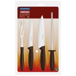 KIT PARA CHURRASCO PLENUS COM LAMINAS EM AÇO INOX E CABOS E POLIPROPILENO MARROM 4 PEÇAS TRAMONTINA