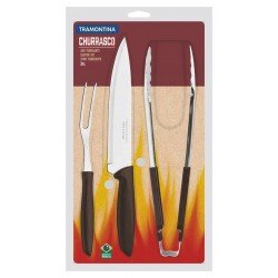 KIT PARA CHURRASCO PLENUS COM LAMINAS EM AÇO INOX E CABOS DE POLIPROPILENO MARROM 3 PEÇAS TRAMONTINA