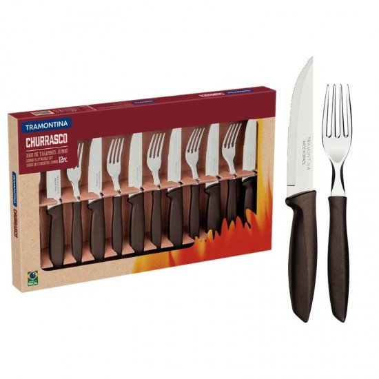 JOGO PARA CHURRASCO JUMBO TRAMONTINA PLENUS COM LÂMINAS EM AÇO INOX E CABOS DE POLIPROPILENO MARROM 12 PEÇAS