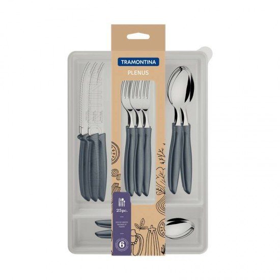 FAQUEIRO TRAMONTINA PLENUS COM LÂMINAS EM AÇO INOX E CABOS DE POLIPROPILENO CINZA COM GAVETEIRO 25 PEÇAS