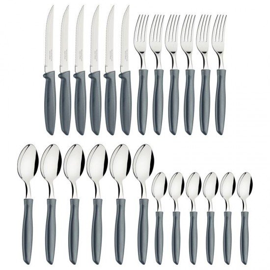 FAQUEIRO TRAMONTINA PLENUS COM LÂMINAS EM AÇO INOX E CABOS DE POLIPROPILENO CINZA COM GAVETEIRO 25 PEÇAS