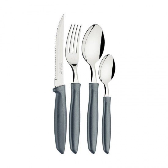 FAQUEIRO TRAMONTINA PLENUS COM LÂMINAS EM AÇO INOX E CABOS DE POLIPROPILENO CINZA COM GAVETEIRO 25 PEÇAS