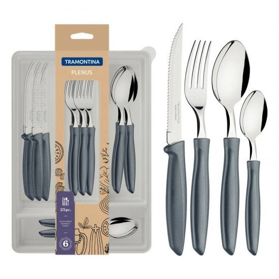 FAQUEIRO TRAMONTINA PLENUS COM LÂMINAS EM AÇO INOX E CABOS DE POLIPROPILENO CINZA COM GAVETEIRO 25 PEÇAS