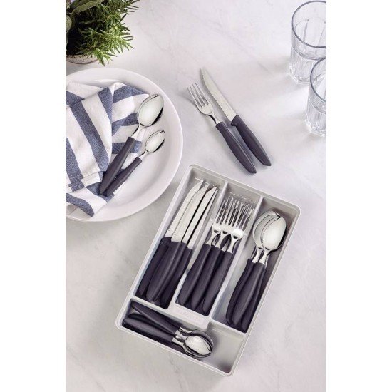 FAQUEIRO TRAMONTINA PLENUS COM LÂMINAS EM AÇO INOX E CABOS DE POLIPROPILENO CINZA COM GAVETEIRO 25 PEÇAS